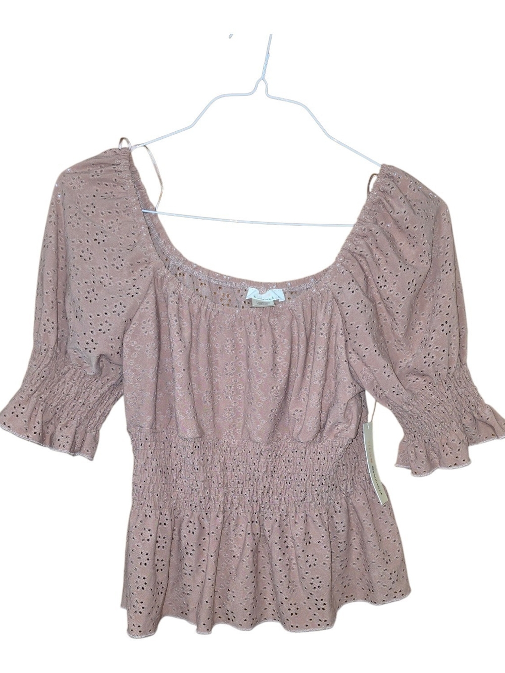 NWT Urban Romantics Pink Eyelet Smocked Puff Sleeve Peplum Blouse